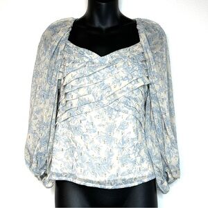 Express Women's Pleated Blouse S Ivory Blue Gold Floral Regal Romantic Ornate